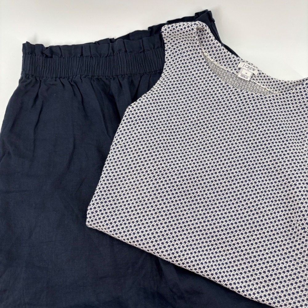 J.Crew Women Tank Top & Skirt Set M Navy Blue Knit Linen Blend Sleeveless Preppy